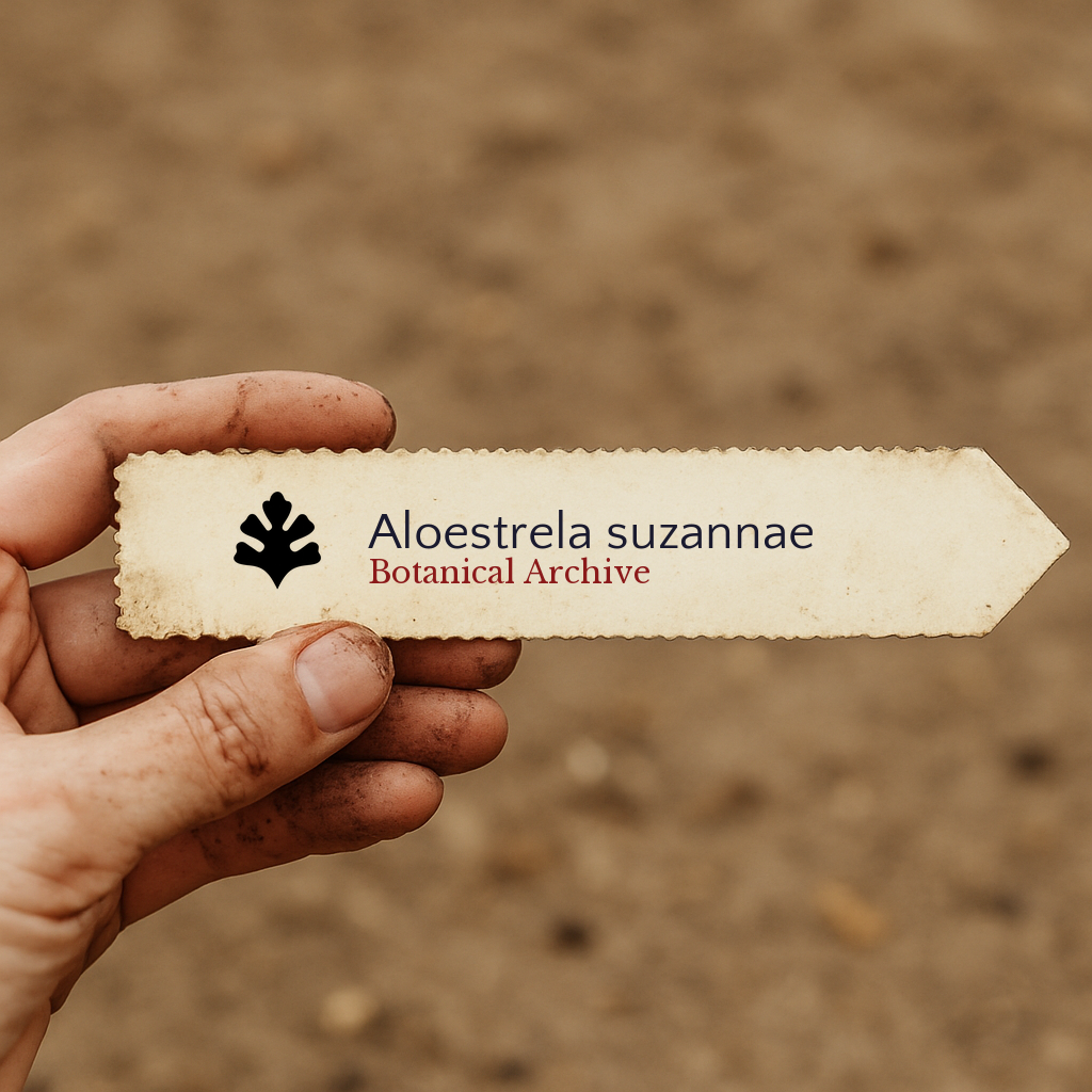 Etichetta per pianta stampata di Aloestrela suzannae tenuta in mano con sfondo di terreno