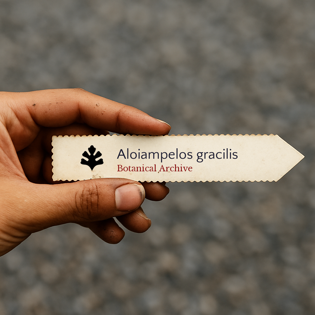Printed plant label for Aloiampelos gracilis with botanical archive logo held in hand