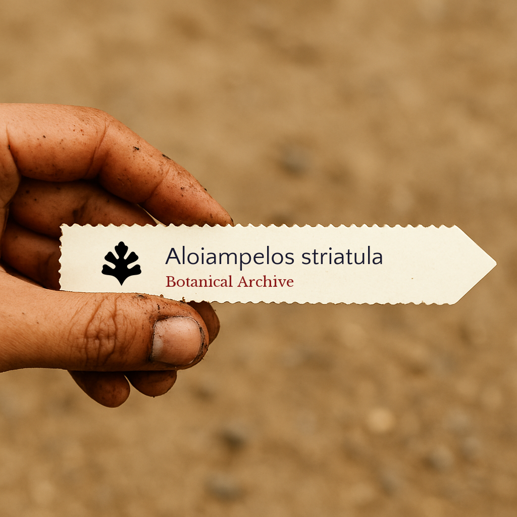 Etichetta stampata per piante di Aloiampelos striatula tenuta da una mano sporca all'aperto