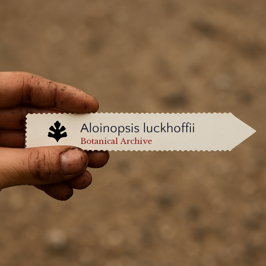 Printed plant label for Aloinopsis luckhoffii held by dirty hand outdoors
