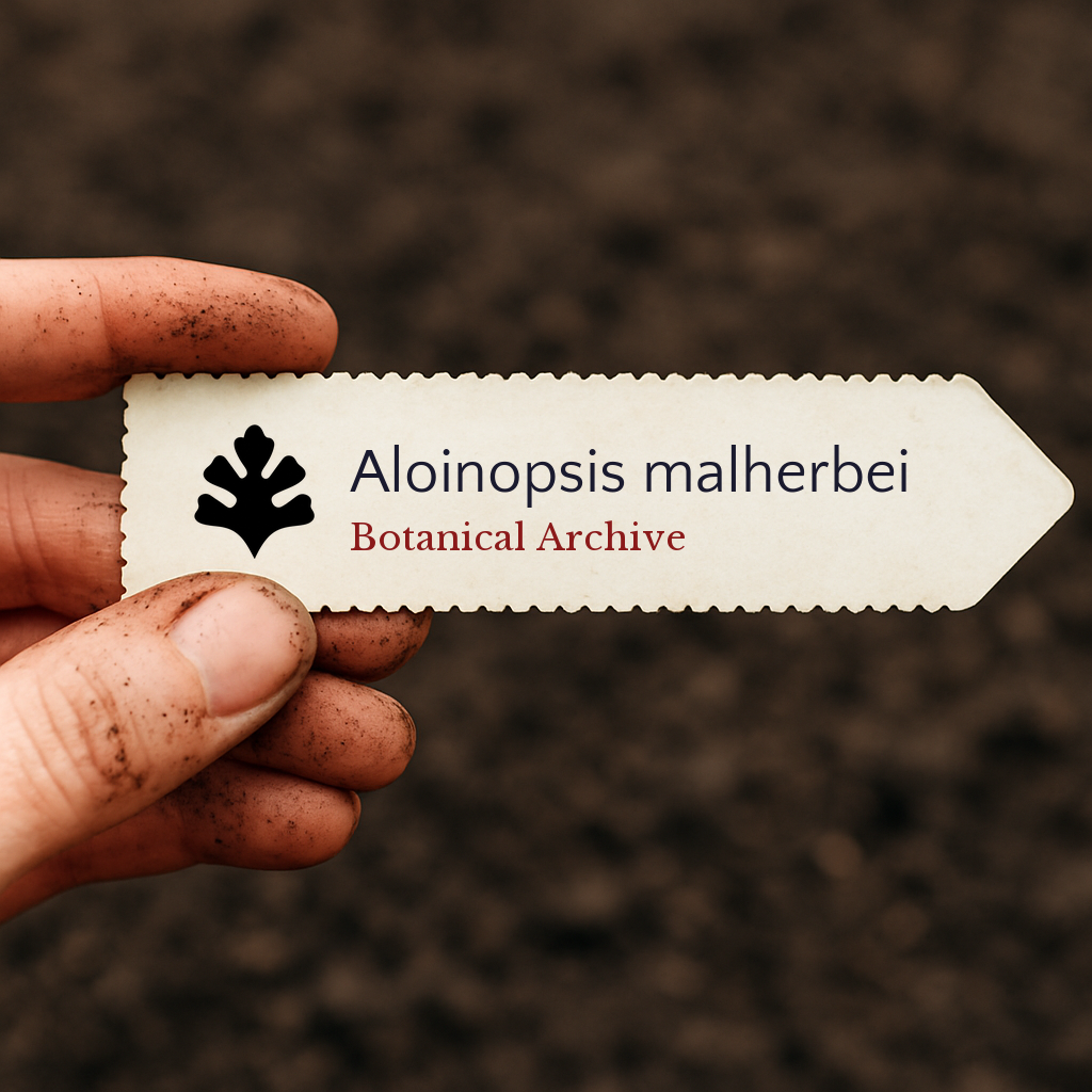 Printed plant label for Aloinopsis malherbei held by dirty hand over soil background