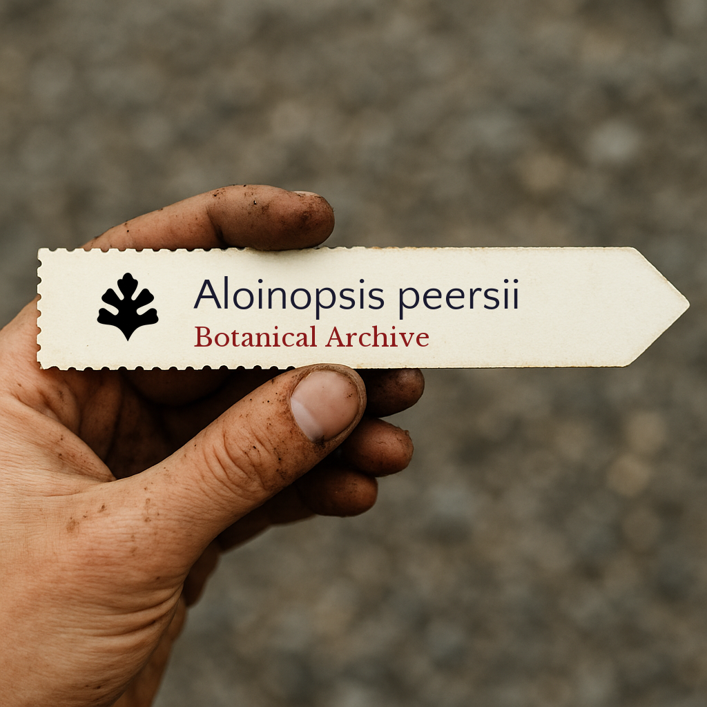 Etichetta stampata per pianta di Aloinopsis peersii tenuta da una mano sporca di terra