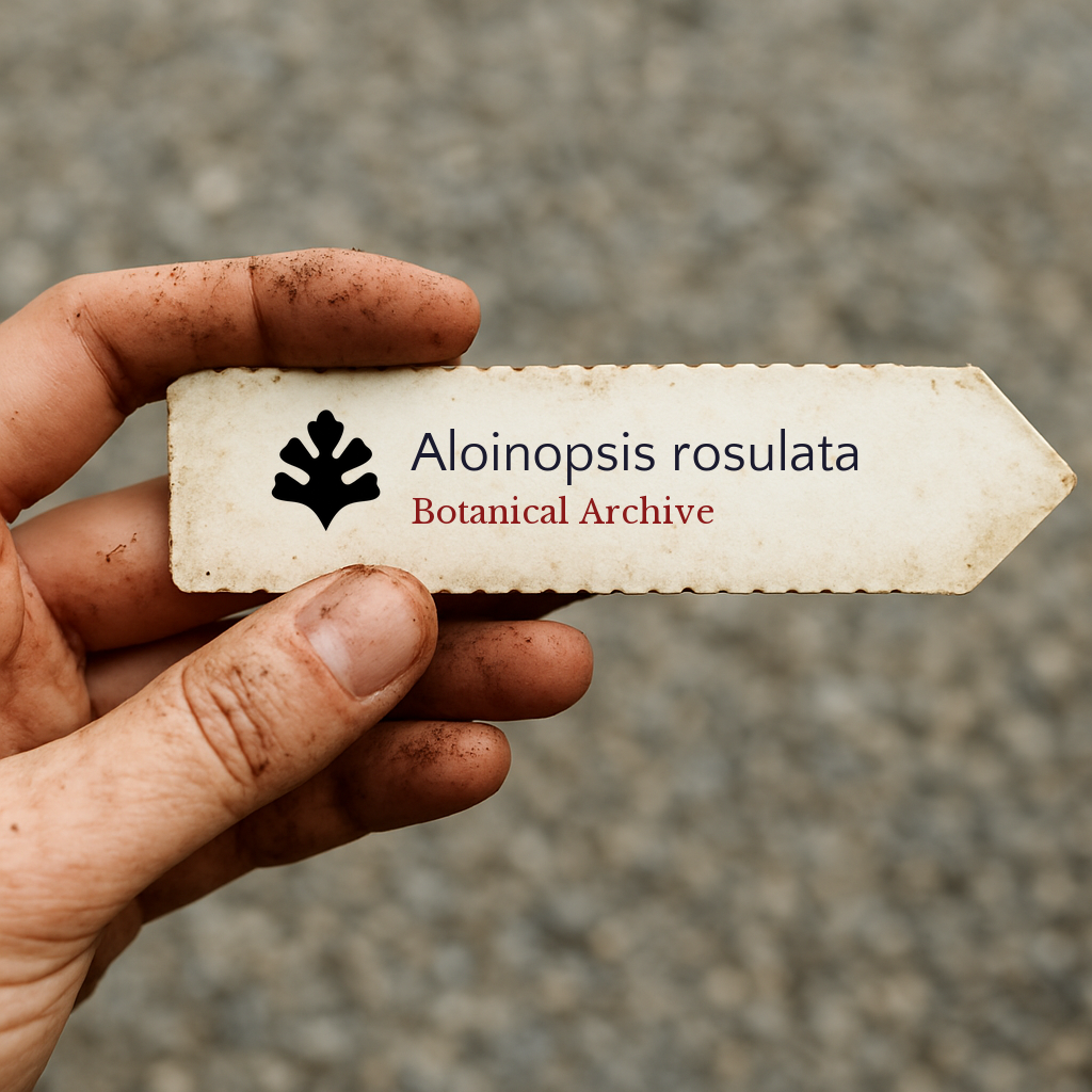 Etichetta per pianta stampata per Aloinopsis rosulata tenuta da una mano sporca con sfondo sfocato