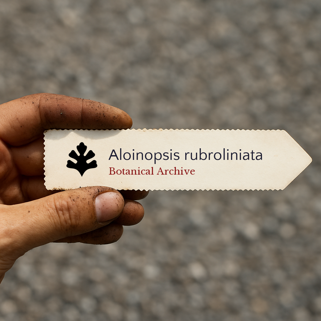 Etichetta pianta stampata per Aloinopsis rubroliniata tenuta da una mano sporca di terra all'aperto