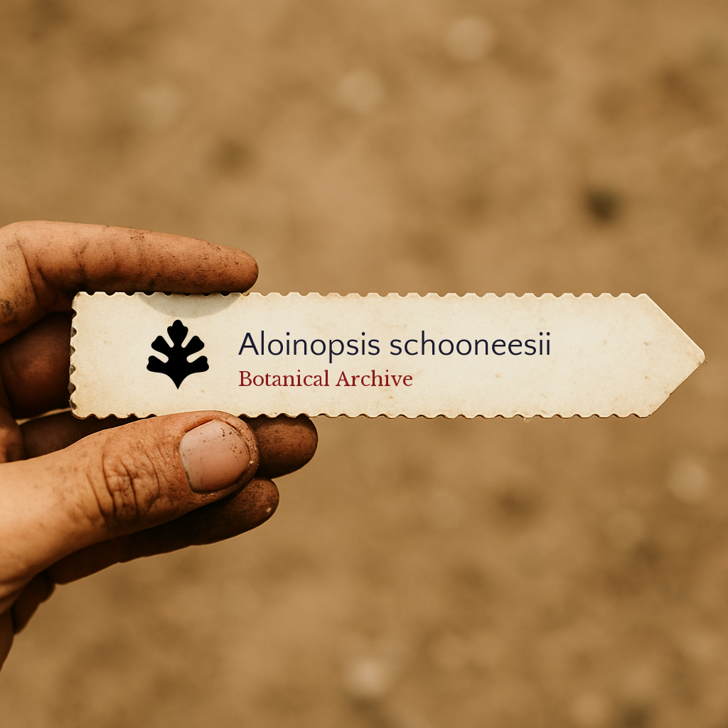Etichetta botanica stampata per Aloinopsis schooneesii tenuta da mano sporca contro sfondo sfocato di terreno