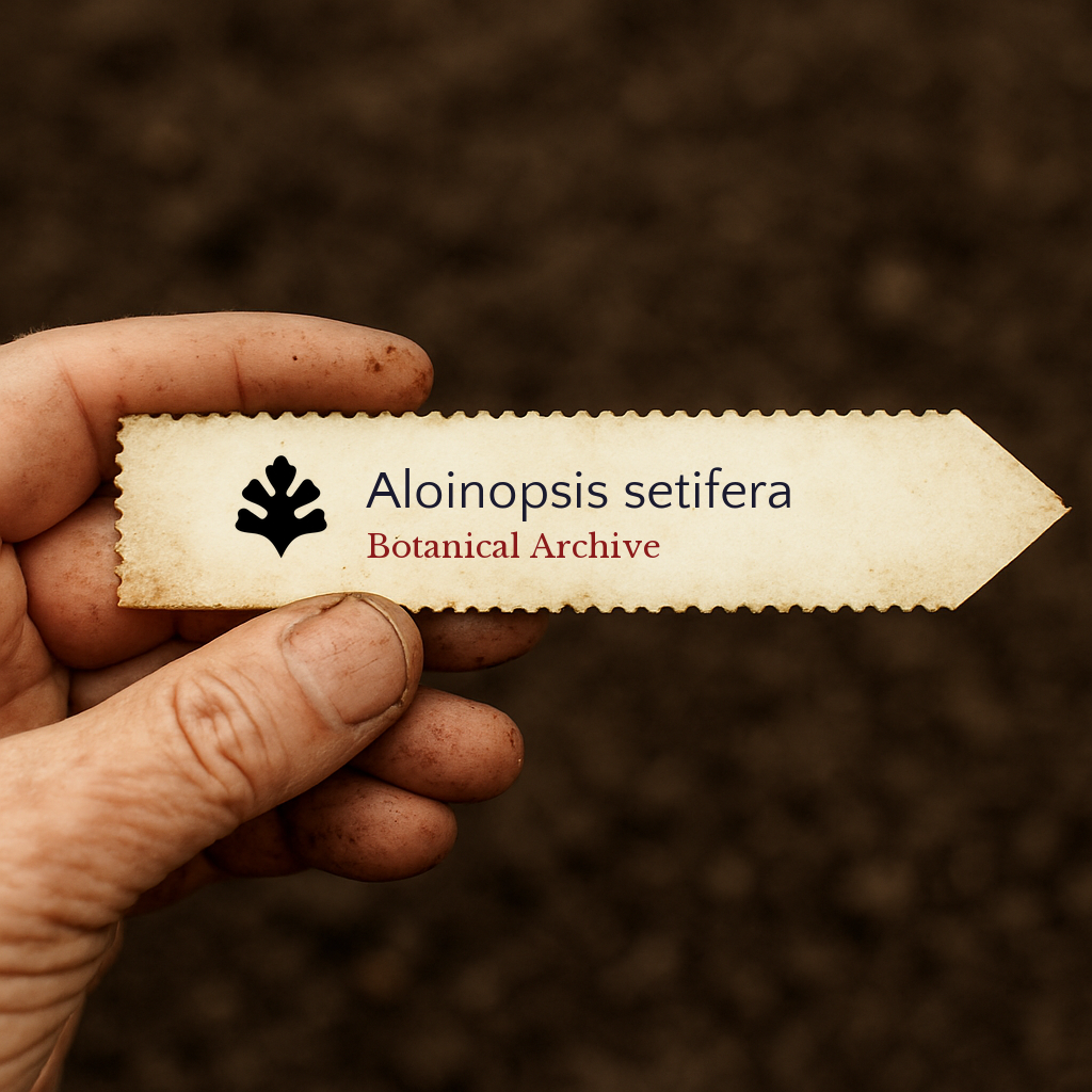 Printed plant label for Aloinopsis setifera held by dirty hand over soil background