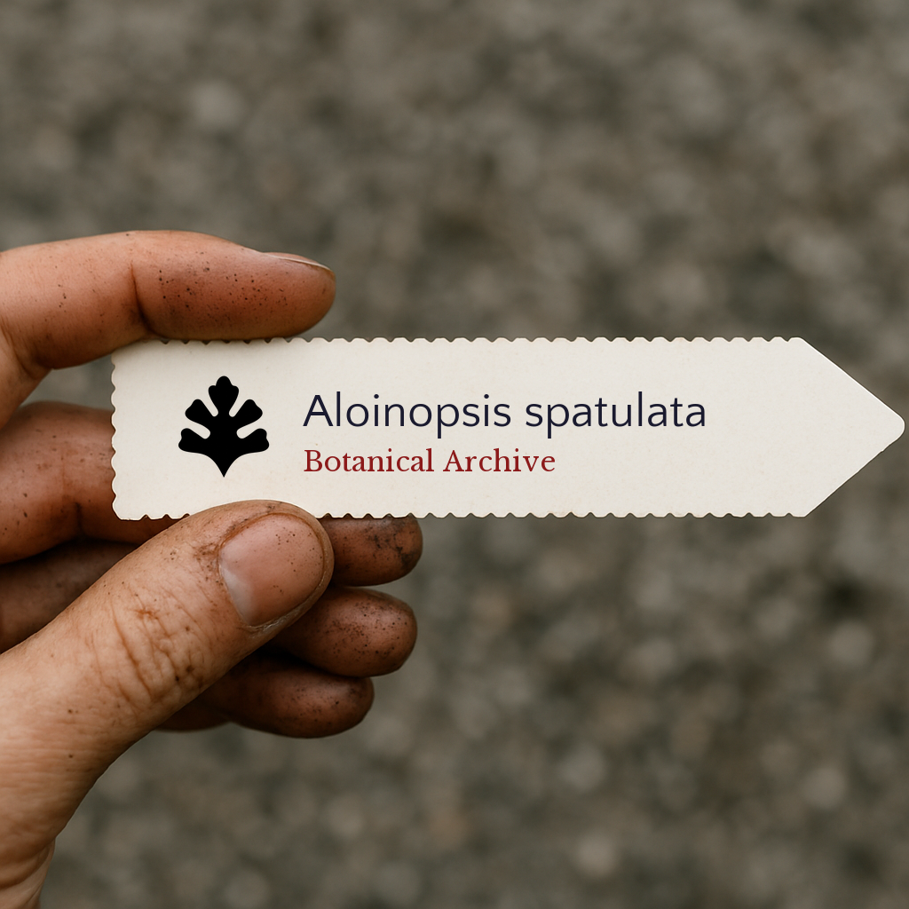Etichetta botanica stampata per Aloinopsis spatulata tenuta da mano sporca all'aperto