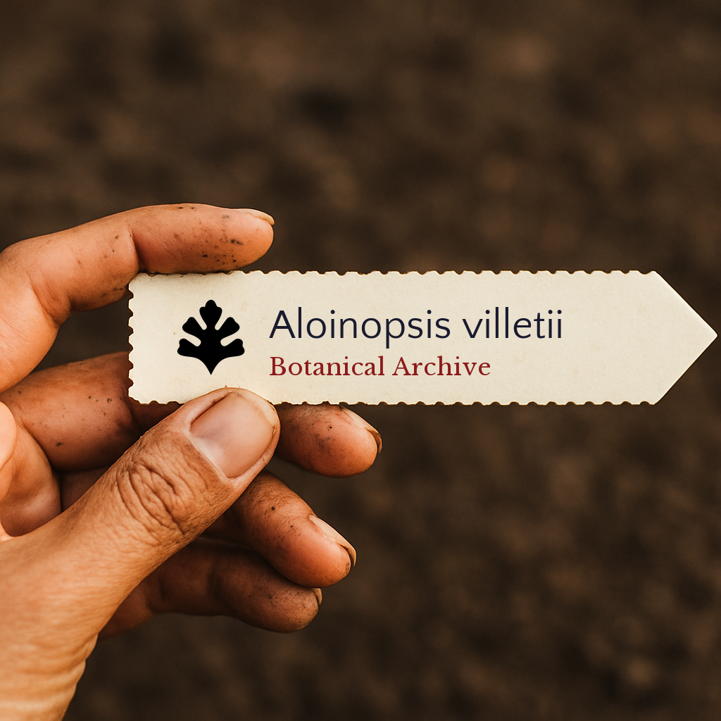 Printed plant label for Aloinopsis villetii held by hand over soil background