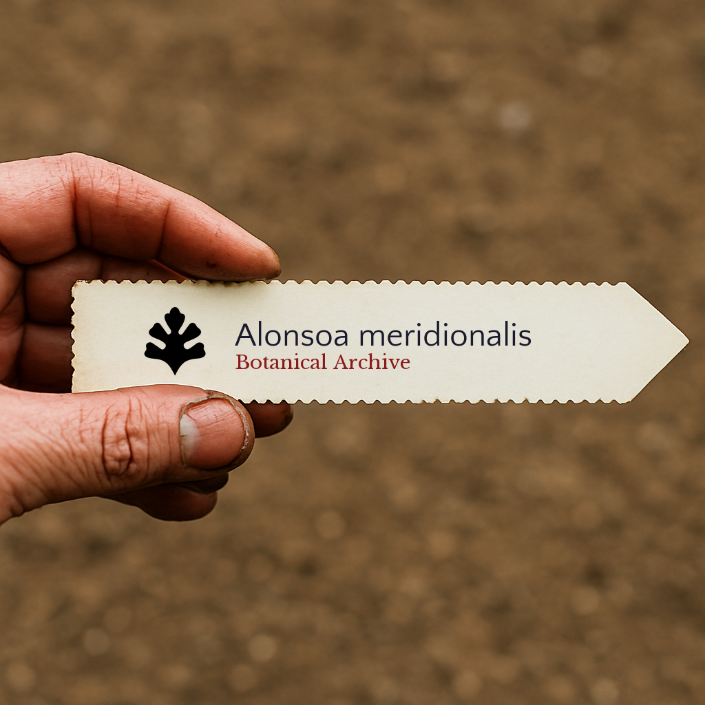 Etichetta per pianta stampata di Alonsoa meridionalis tenuta in mano su sfondo di terreno
