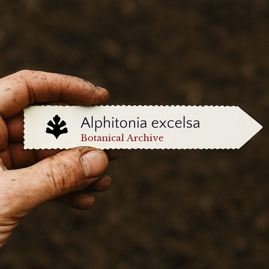 Printed plant label for Alphitonia excelsa held by dirty hand over soil background