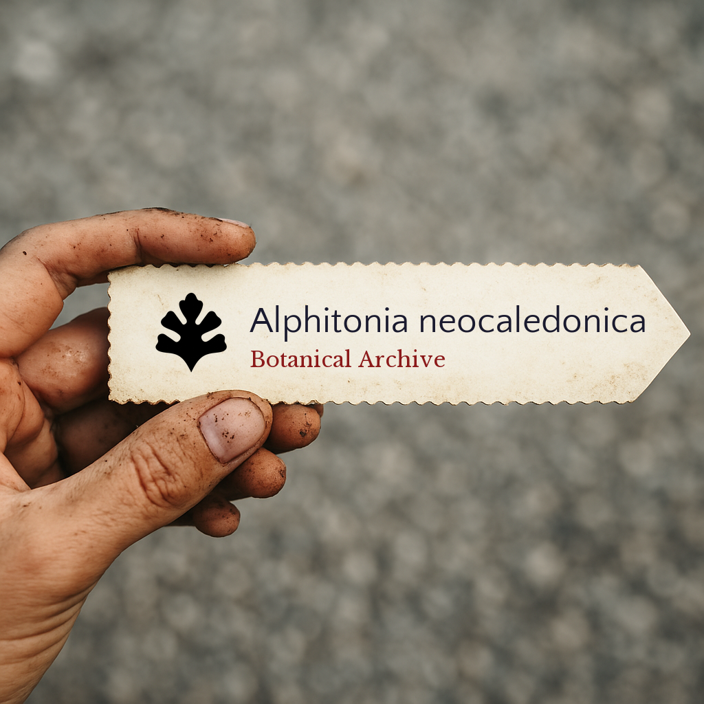 Printed plant label for Alphitonia neocaledonica held by dirty hand on blurred background