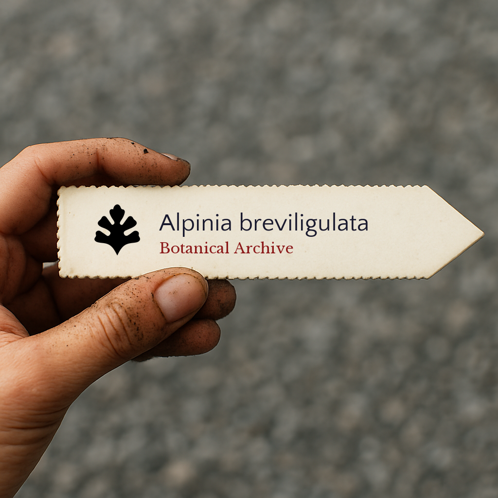 Printed plant label for Alpinia breviligulata held by a hand with soil on fingers