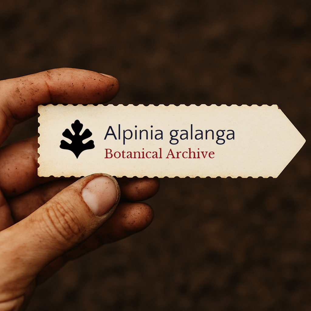 Etichetta stampata per pianta di Alpinia galanga tenuta da una mano sporca contro uno sfondo di terreno