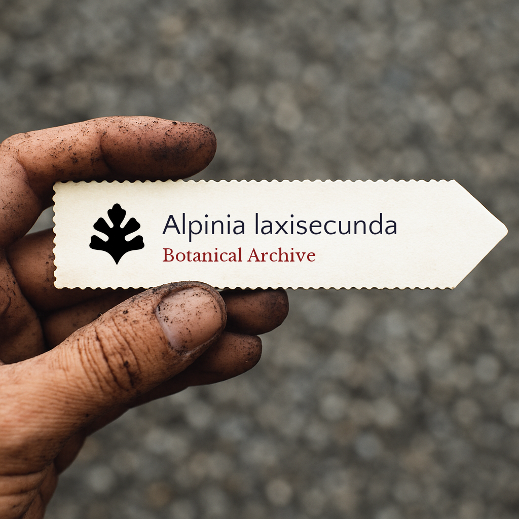 Etichetta stampata per piante di Alpinia laxisecunda tenuta da mano sporca all'aperto