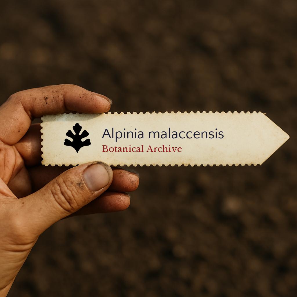 Printed plant label for Alpinia malaccensis held by hand over soil background