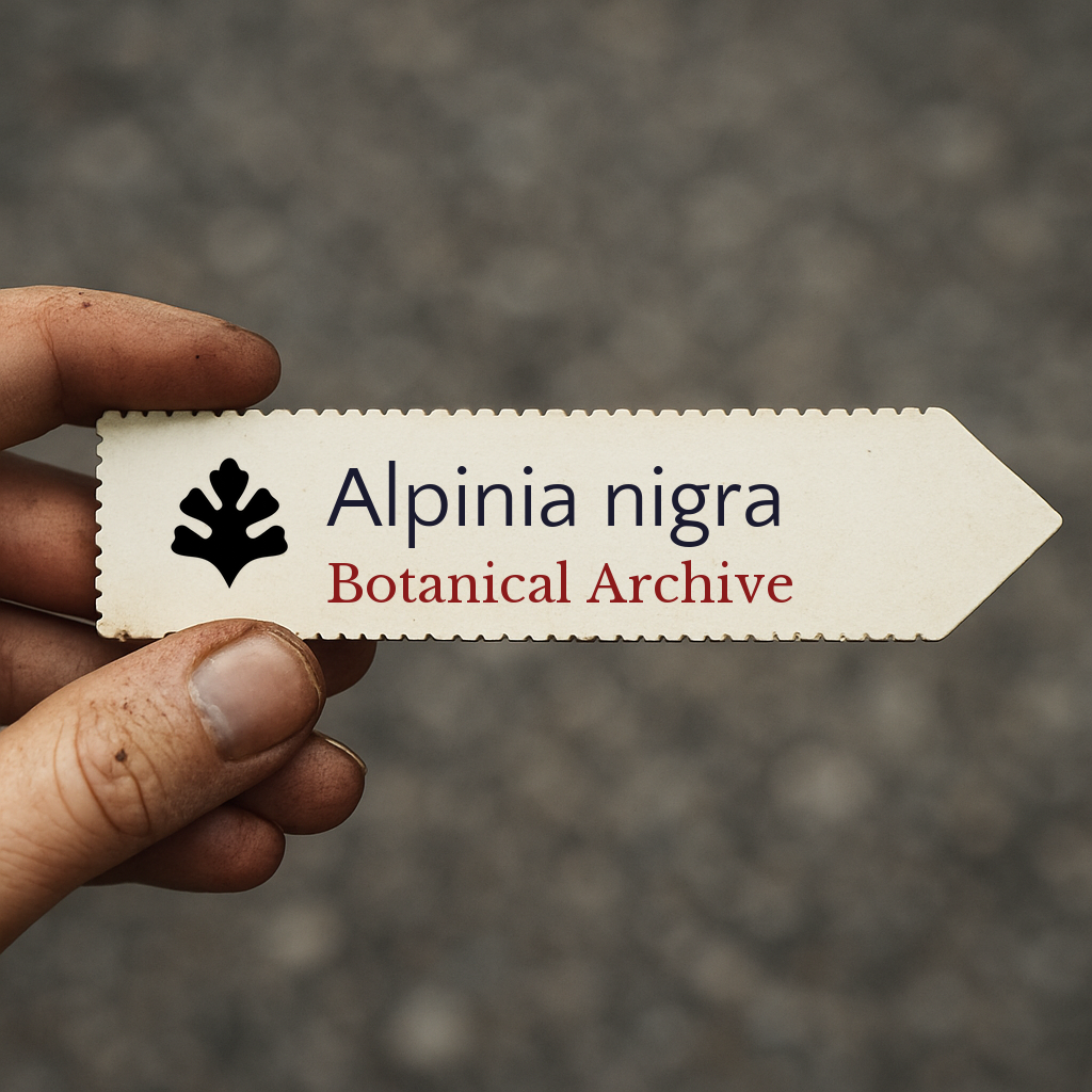 Printed plant label for Alpinia nigra with botanical archive logo held by hand
