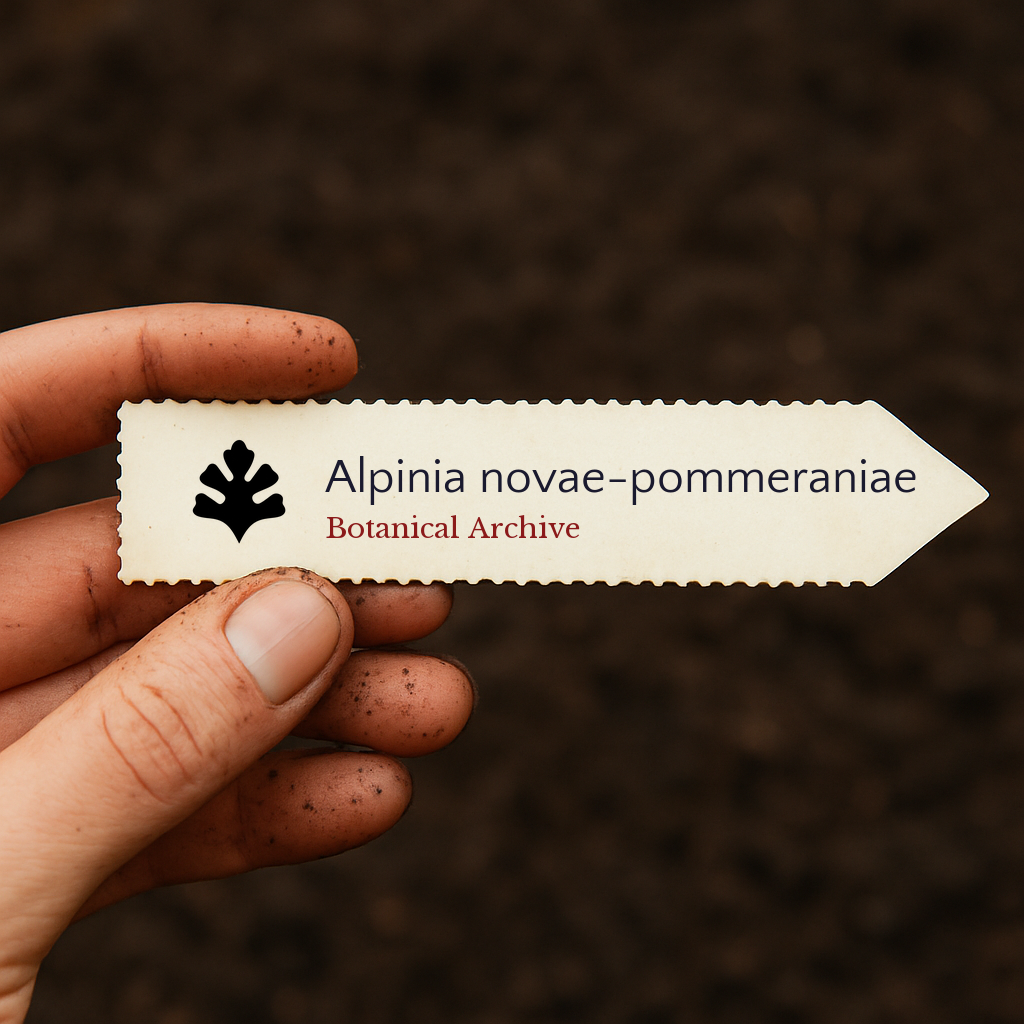 Printed plant label for Alpinia novae-pommeraniae held over soil background