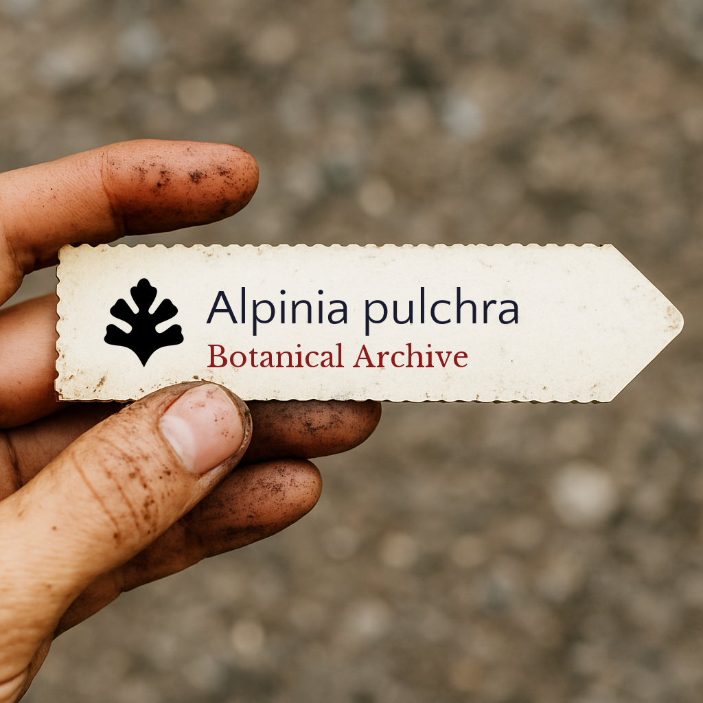 Etichetta per pianta stampata per Alpinia pulchra tenuta da mano sporca all'aperto