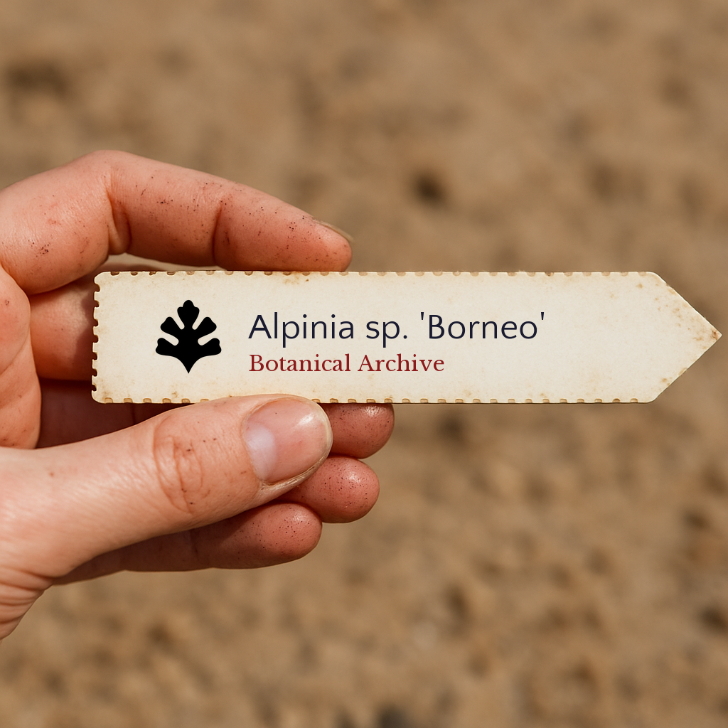 Printed plant label for Alpinia sp. 'Borneo' held in hand with soil background
