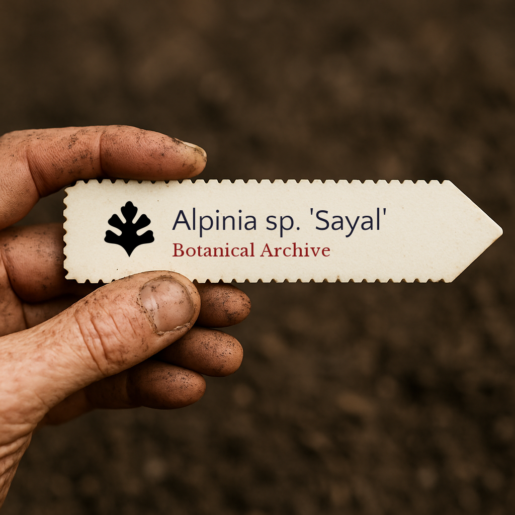 Etichetta stampata per pianta di Alpinia sp. 'Sayal' tenuta da mano sporca su sfondo di terreno