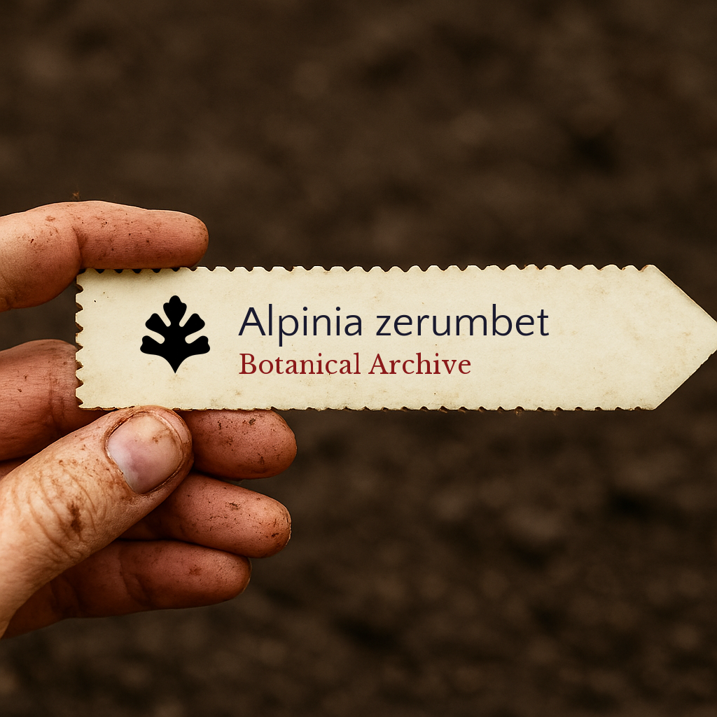 Printed plant label for Alpinia zerumbet with botanical archive logo held by hand