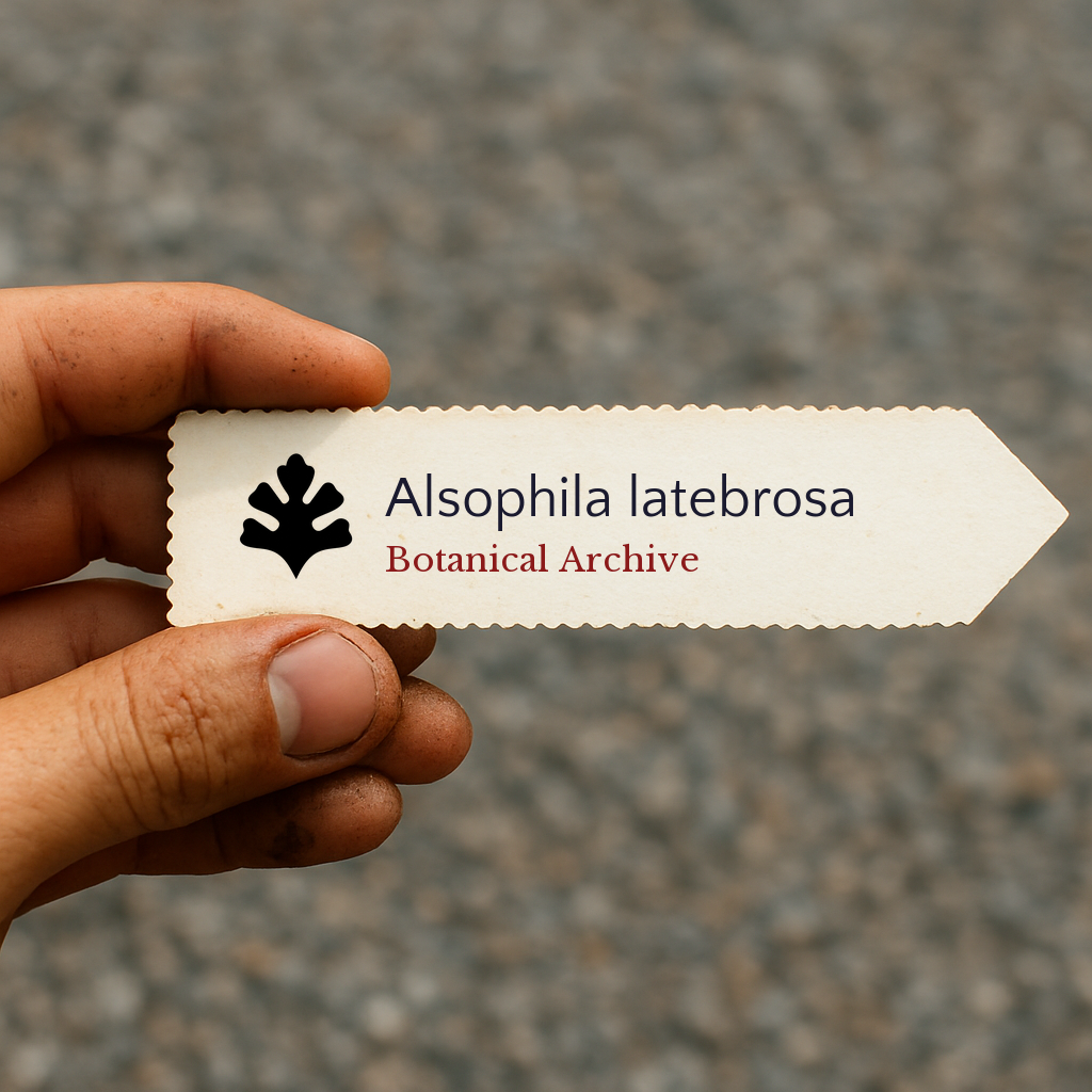 Etichetta per pianta stampata per Alsophila latebrosa con il logo Botanical Archive tenuta a mano