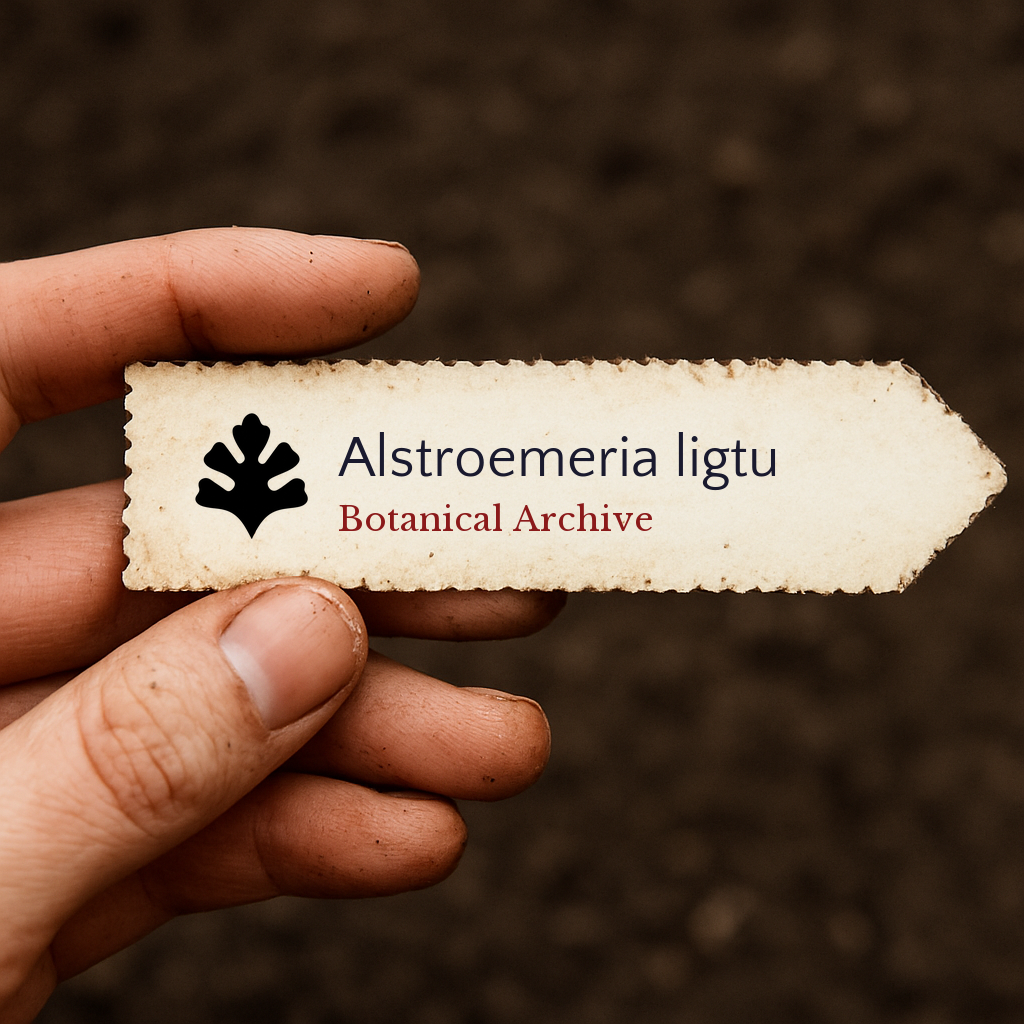 Etichetta per pianta stampata per Alstroemeria ligtu tenuta a mano su sfondo di terreno