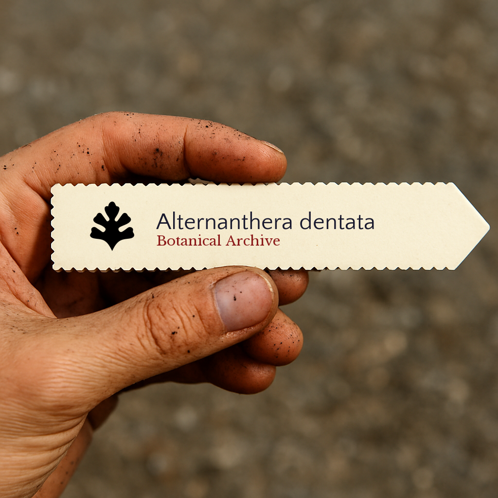 Printed plant label for Alternanthera dentata held by a dirt-covered hand