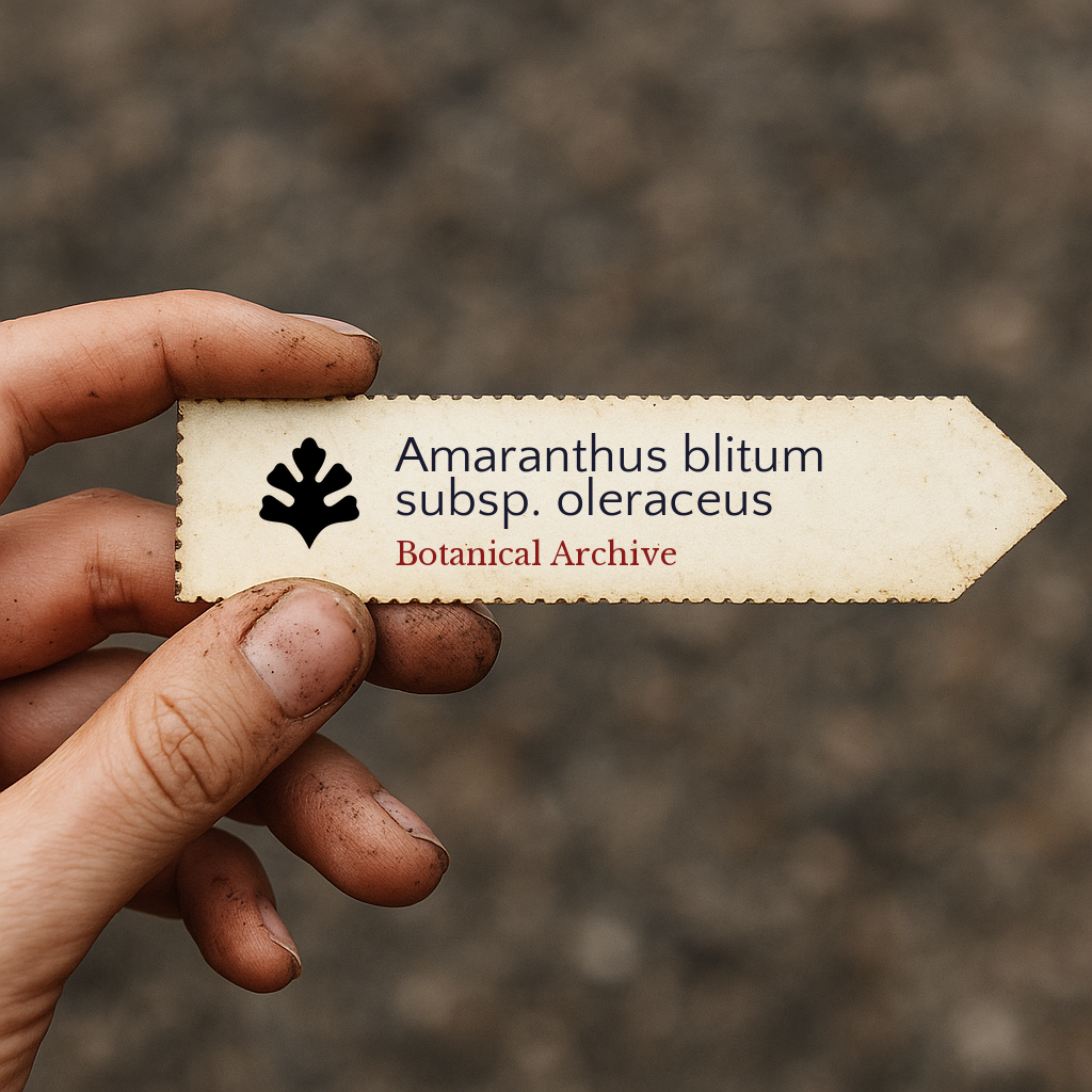 Printed plant label for Amaranthus blitum subsp. oleraceus held by hand with soil background