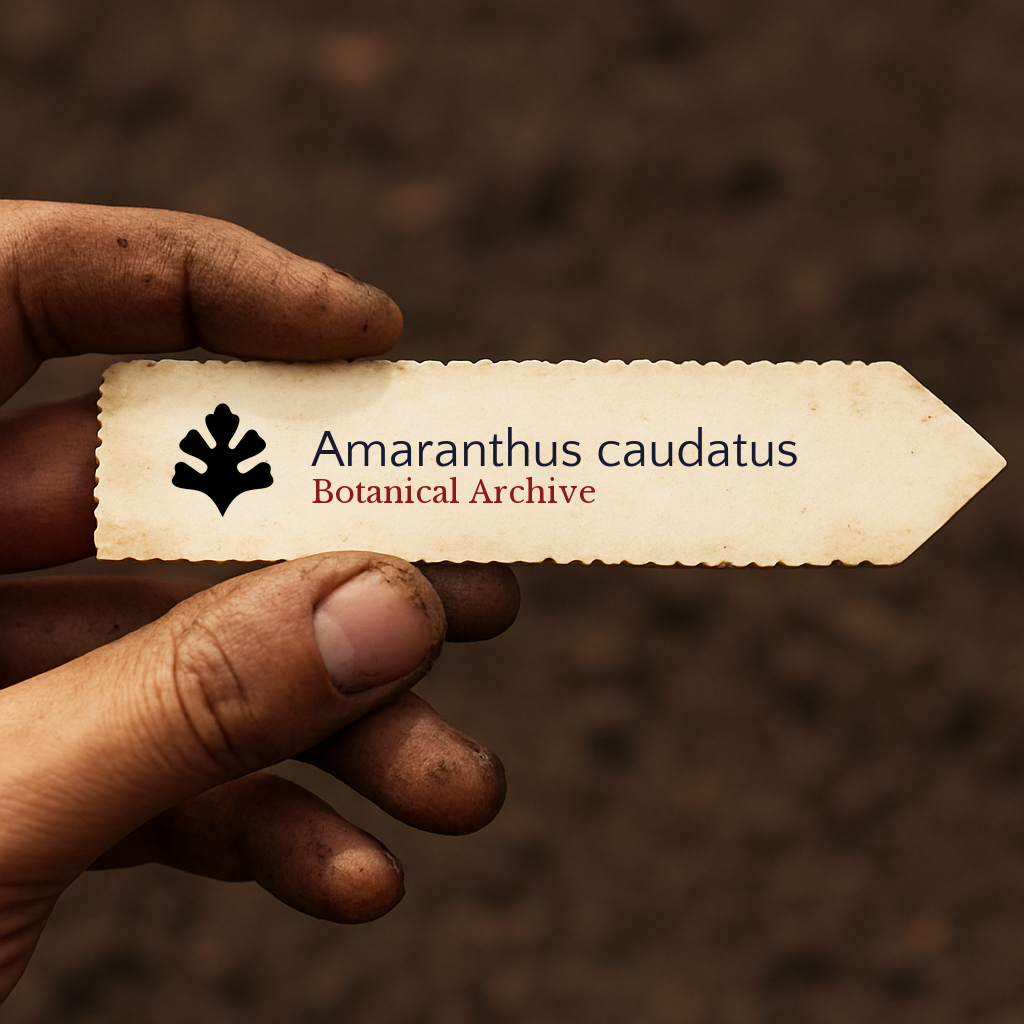 Etichetta stampata per pianta di Amaranthus caudatus tenuta da mani sporche su sfondo di terreno