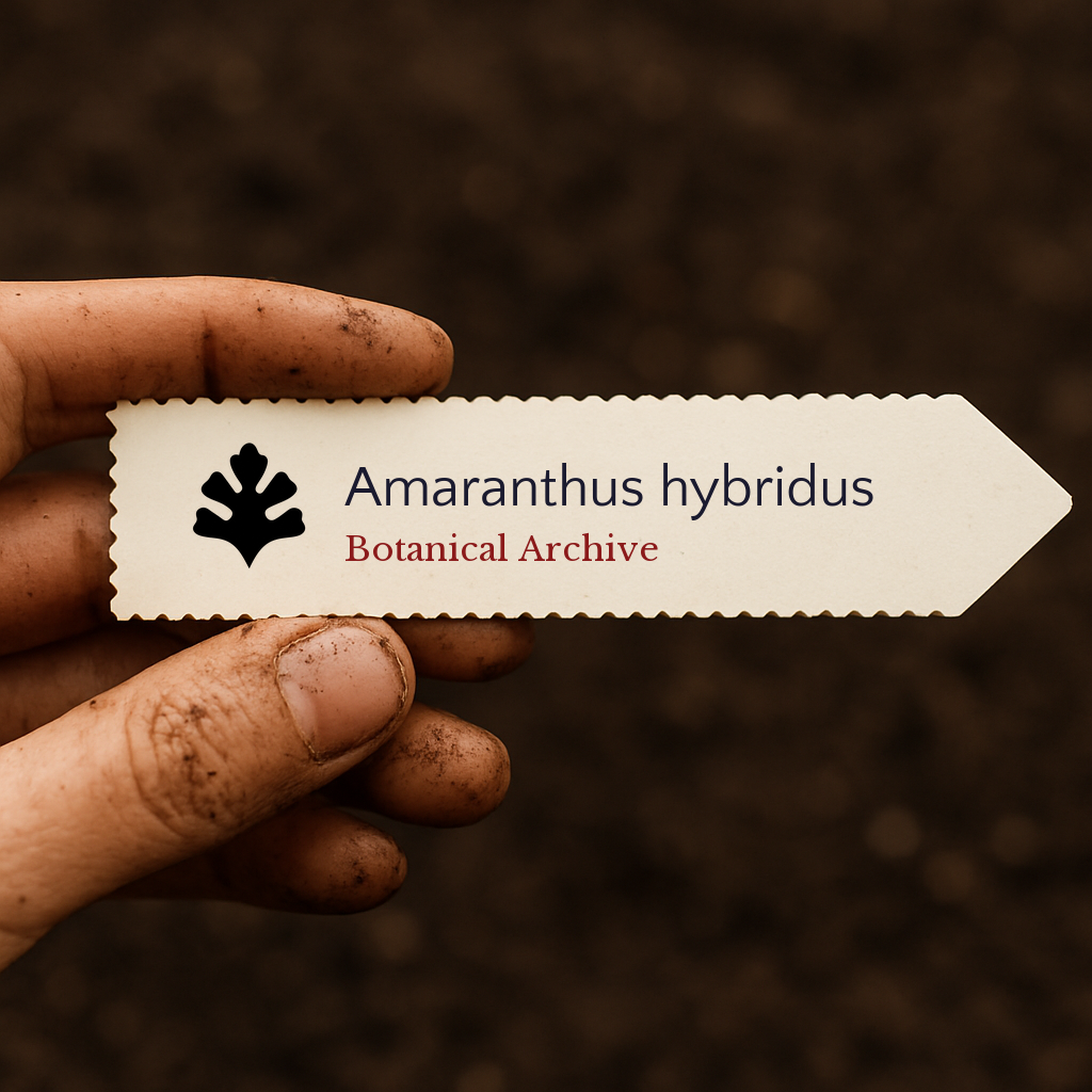 Printed plant label for Amaranthus hybridus held by dirty hand over soil background
