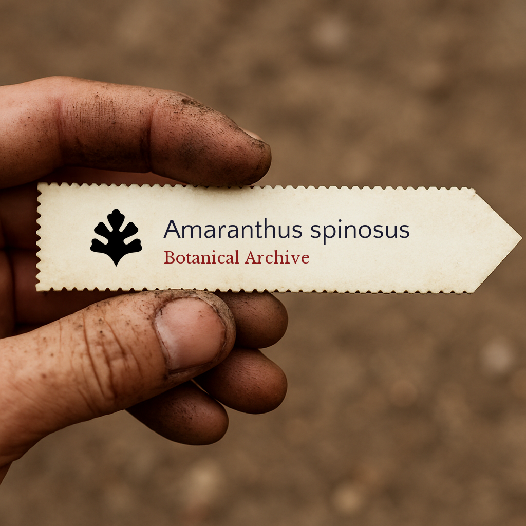 Etichetta stampata della pianta per Amaranthus spinosus tenuta da mano sporca su sfondo di terra