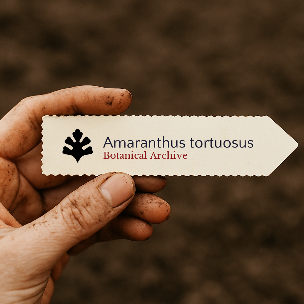 Etichetta stampata per pianta di Amaranthus tortuosus tenuta da mano sporca all'aperto