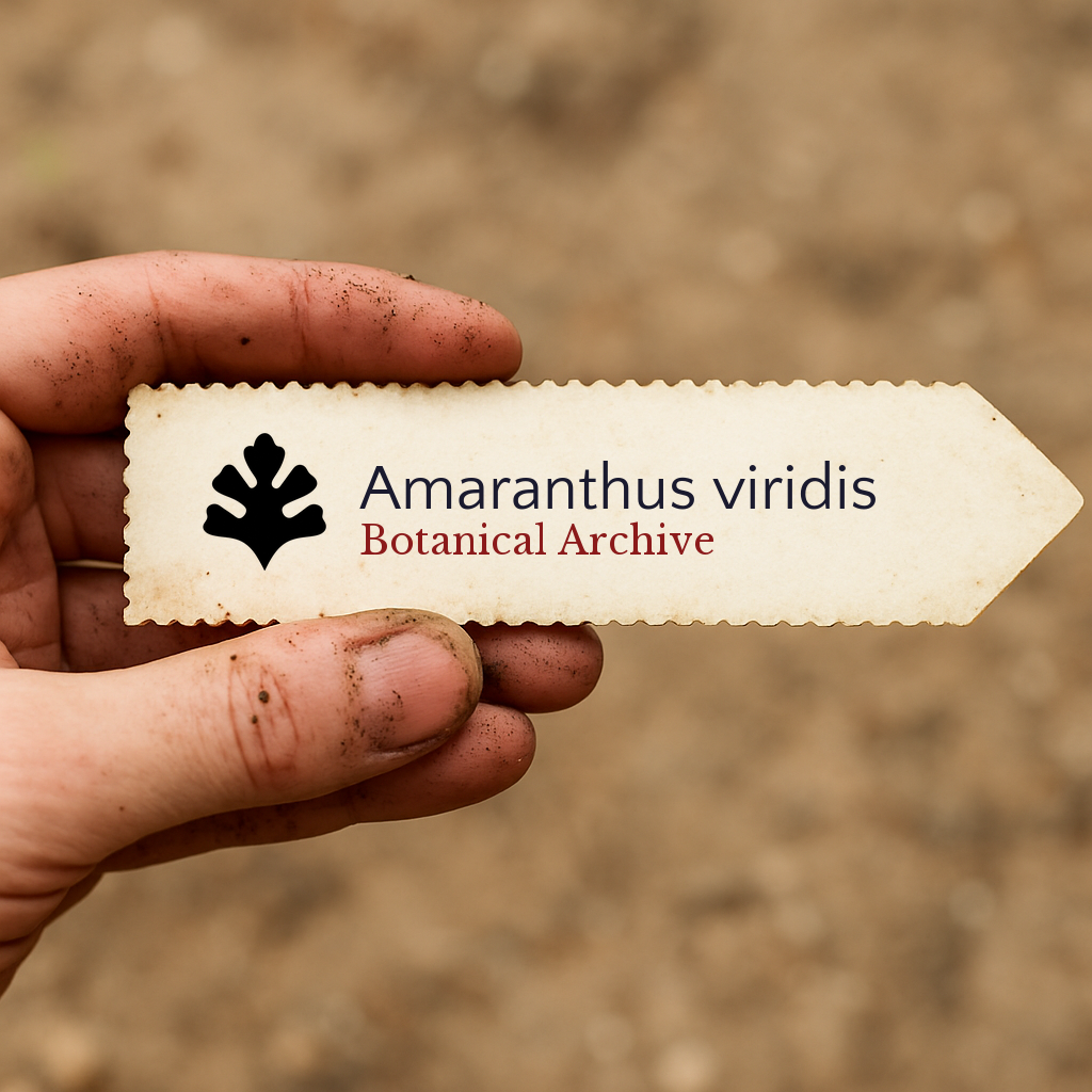 Etichetta per pianta stampata per Amaranthus viridis tenuta da una mano sporca su sfondo di terreno
