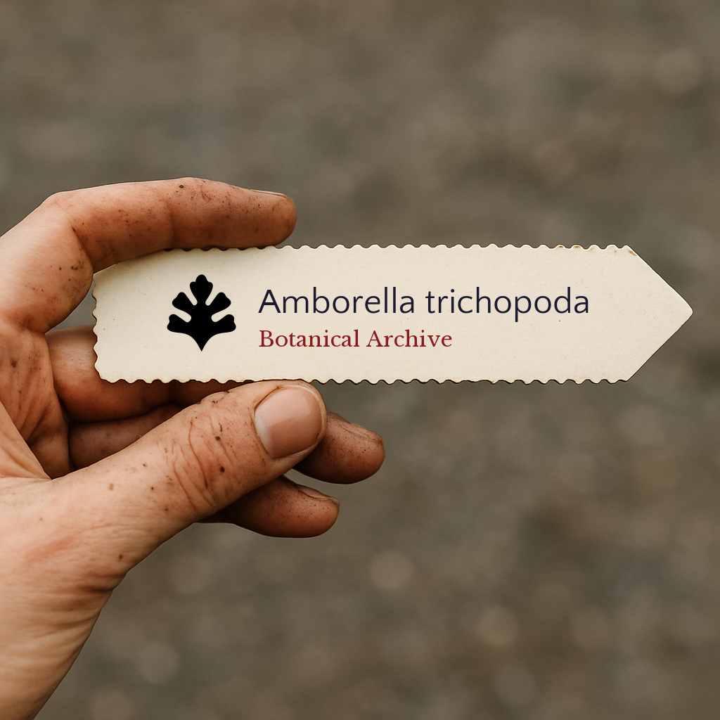 Etichetta stampata per pianta di Amborella trichopoda tenuta da mano sporca con sfondo sfocato