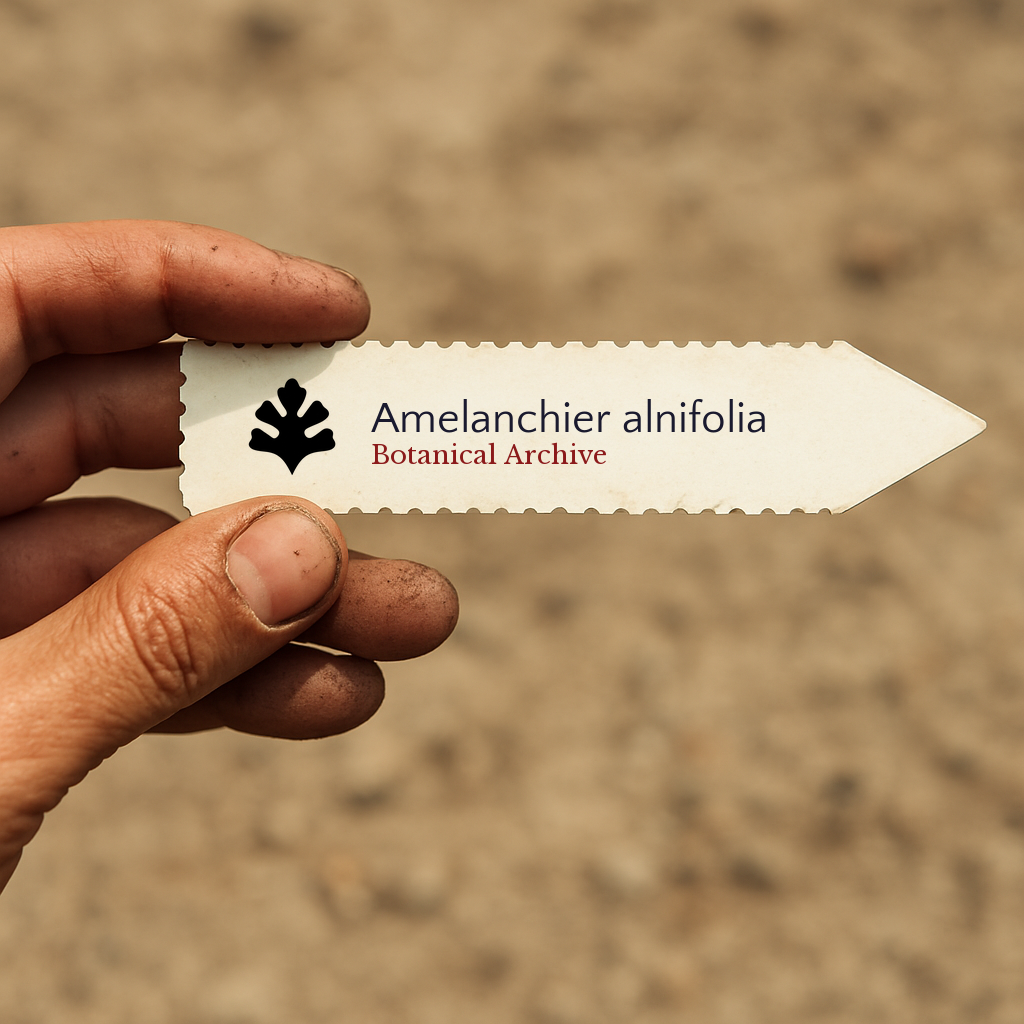 Etichetta per pianta stampata per Amelanchier alnifolia tenuta in mano con sfondo di terra