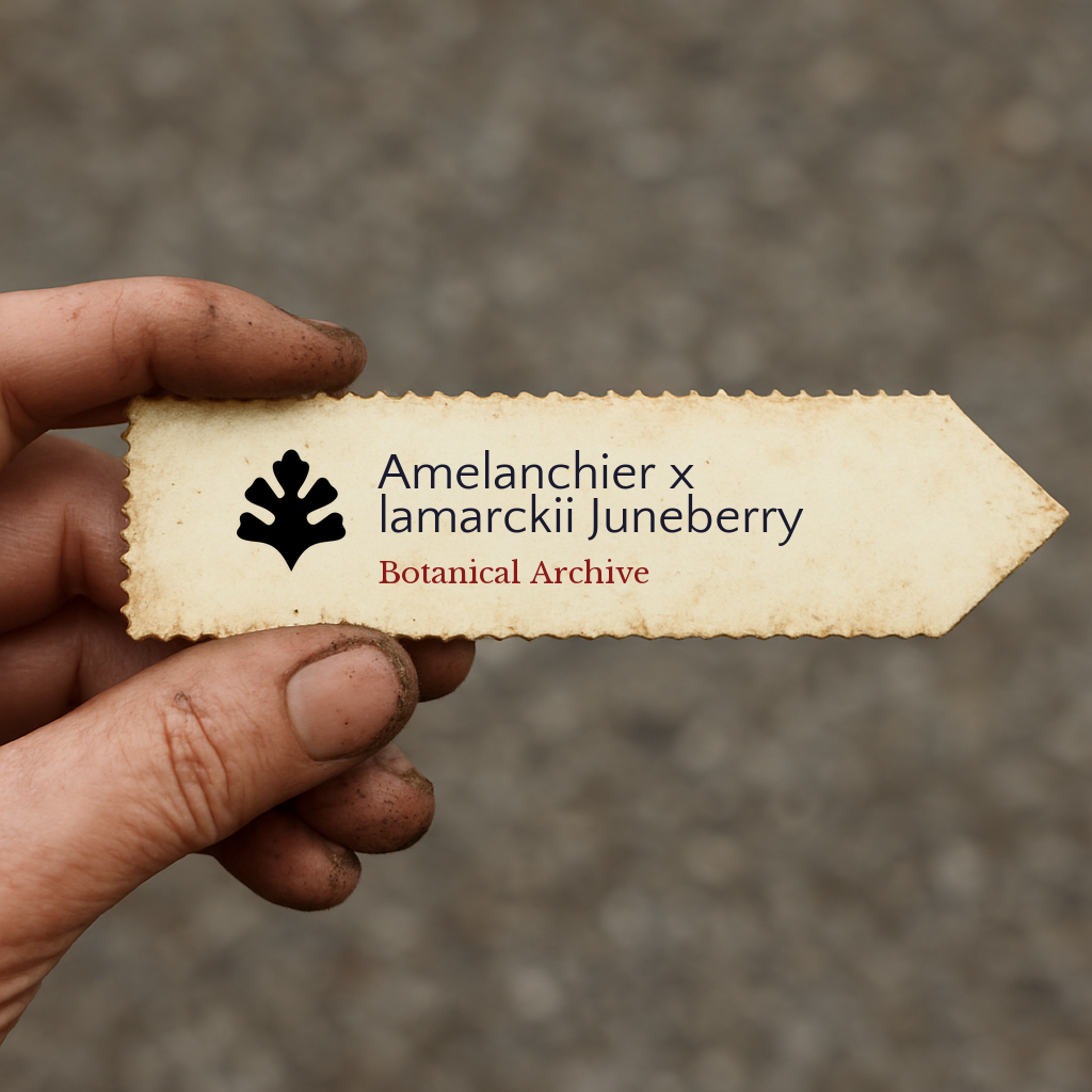 Printed plant label for Amelanchier x lamarckii Juneberry held by dirty hand outdoors