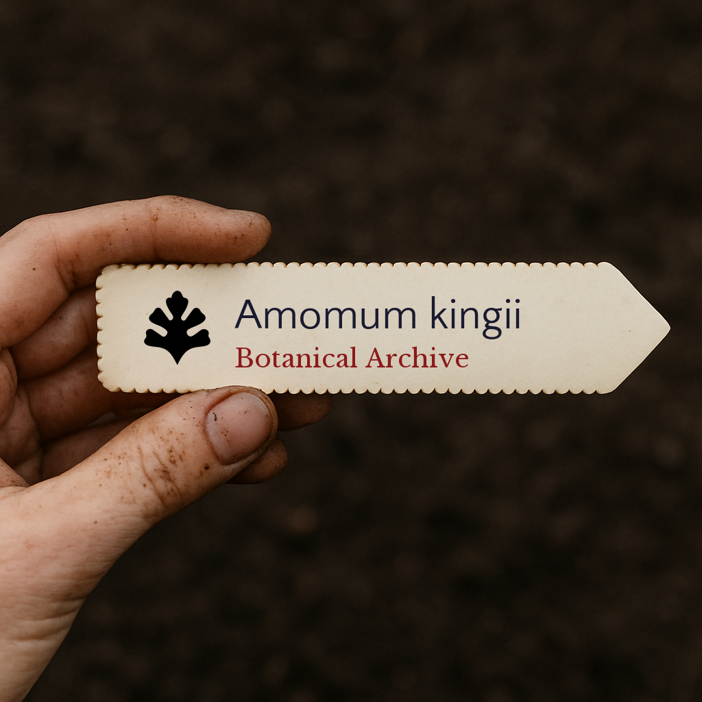 Etichetta stampata per pianta di Amomum kingii tenuta sopra uno sfondo di terra