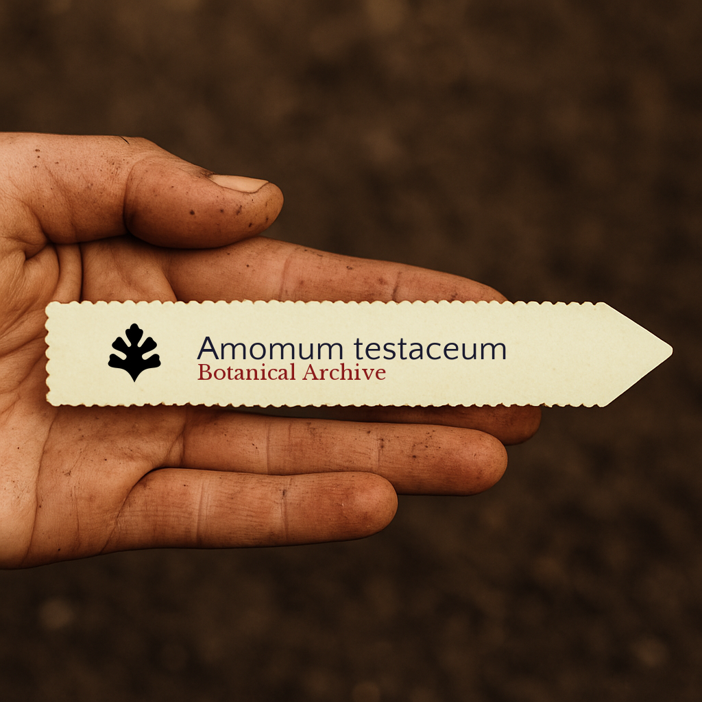 Etichetta per piante stampata per Amomum testaceum tenuta in mano con sfondo di terreno