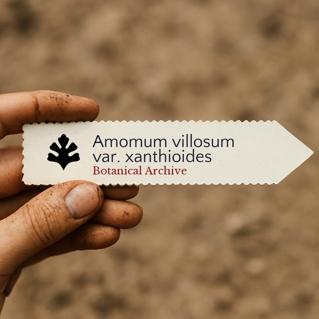 Etichetta stampata per pianta di Amomum villosum var. xanthioides tenuta da una mano sporca di terra
