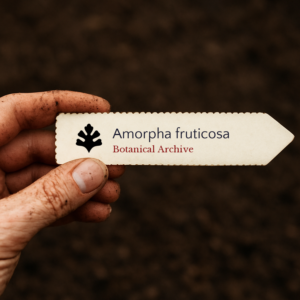 Etichetta stampata della pianta per Amorpha fruticosa tenuta da mano sporca su sfondo di terreno