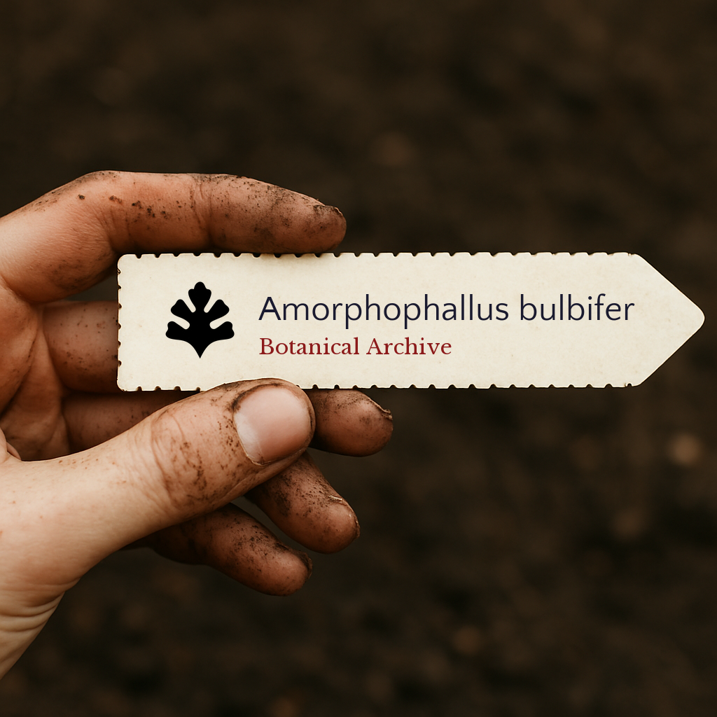 Etichetta stampata per pianta di Amorphophallus bulbifer tenuta da una mano sporca su sfondo di terra