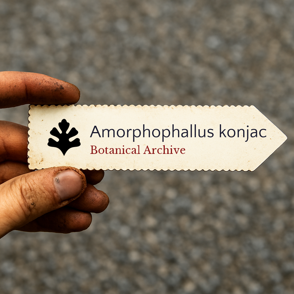 Etichetta stampata per pianta di Amorphophallus konjac tenuta da mano sporca su sfondo di ghiaia