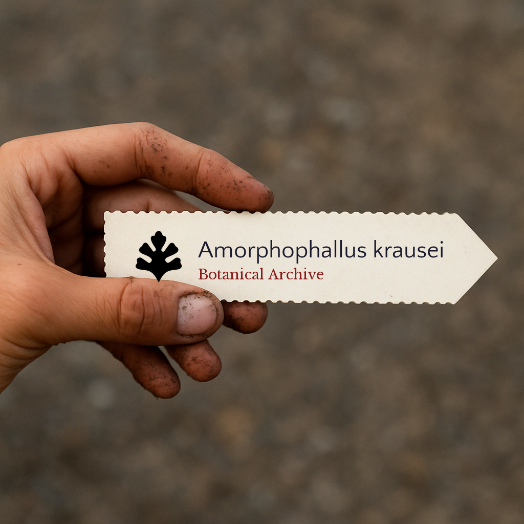 Printed plant label for Amorphophallus krausei held by dirty hand outdoors