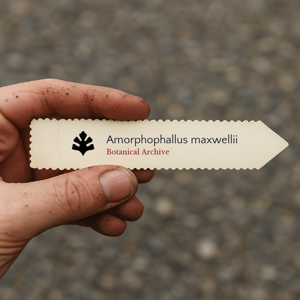 Printed plant label for Amorphophallus maxwellii held by dirty hand outdoors