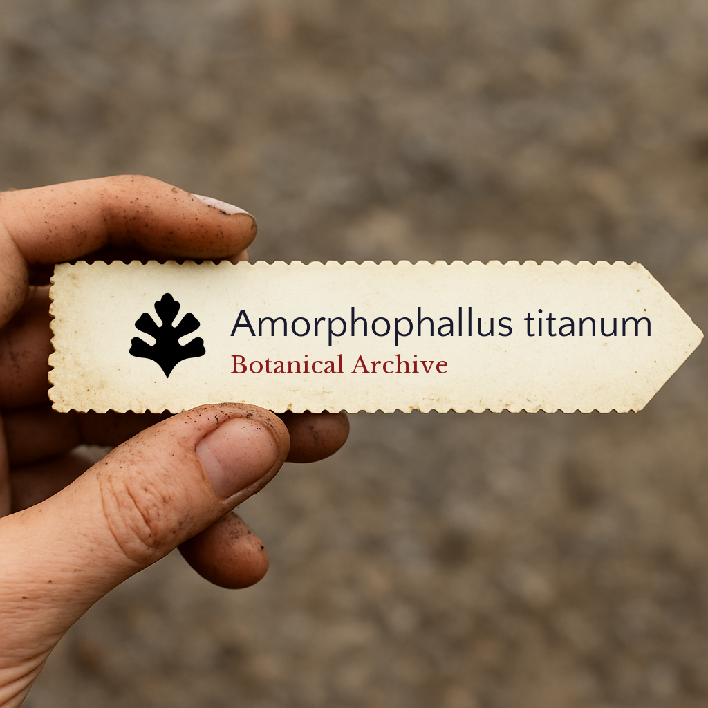 Etichetta per pianta stampata di Amorphophallus titanum tenuta da mano sporca all'aperto