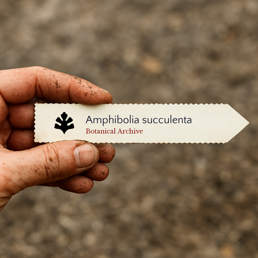 Printed plant label for Amphibolia succulenta held by dirty hand outdoors
