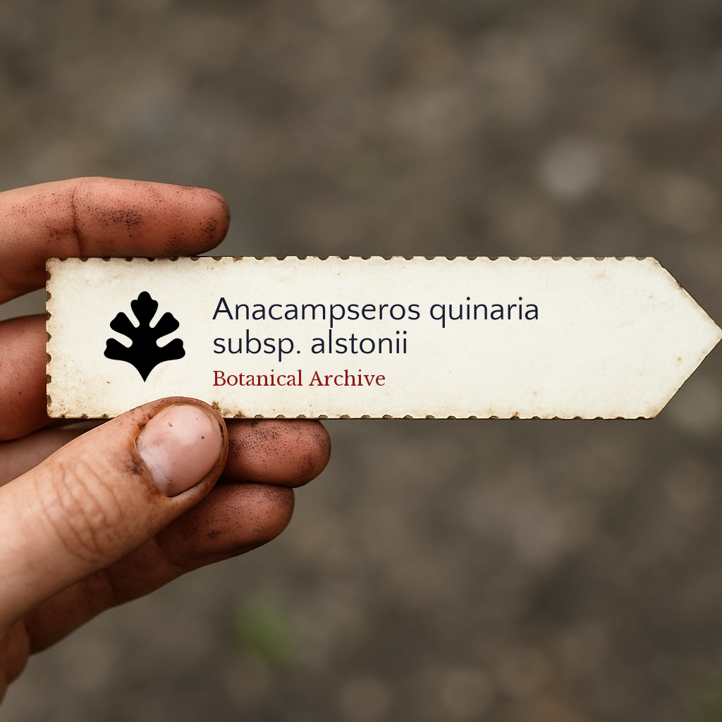 Printed plant label for Anacampseros quinaria subsp. alstonii held by hand with soil background