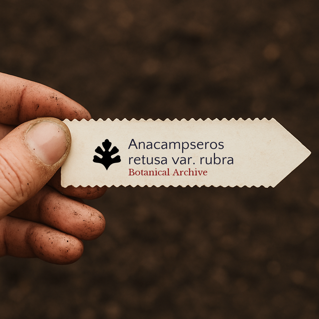 Printed plant label for Anacampseros retusa var. rubra held by dirty hand over soil background