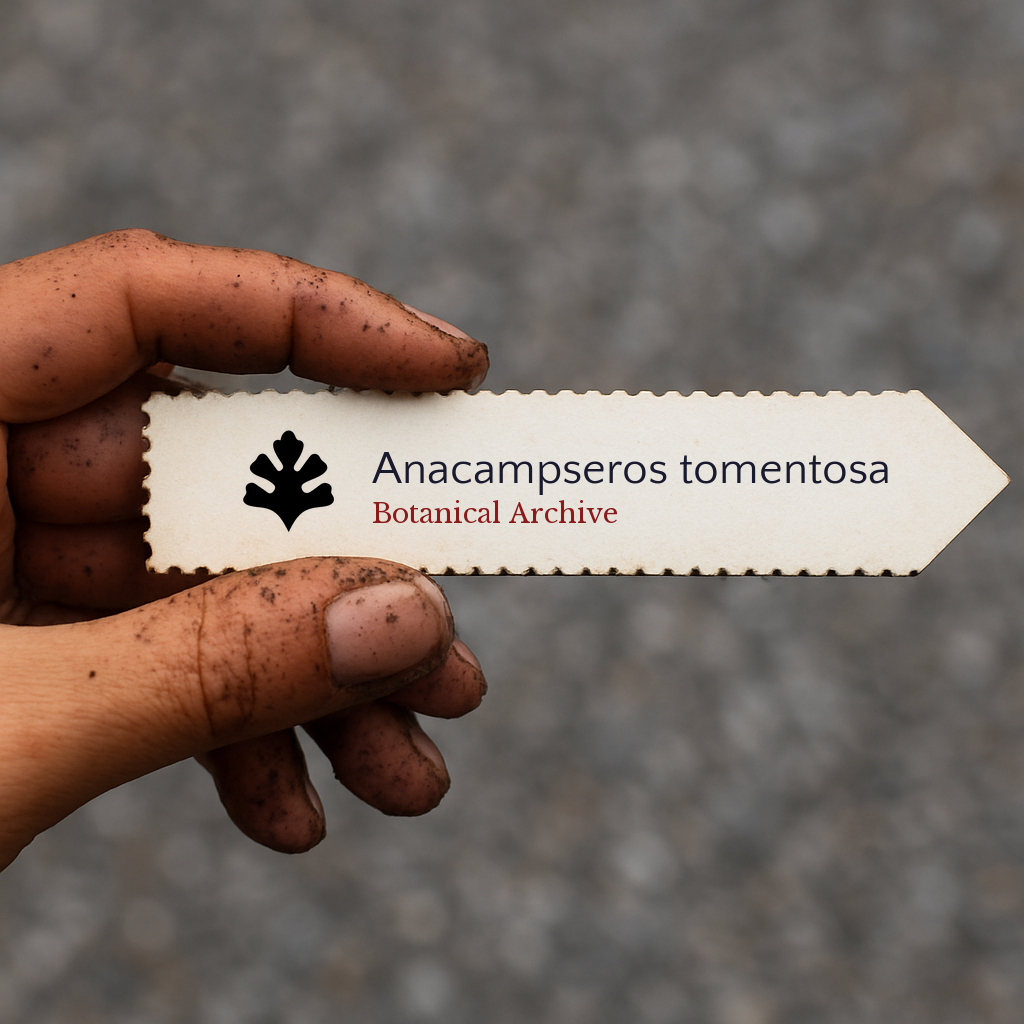 Printed plant label for Anacampseros tomentosa held by dirty hand outdoors